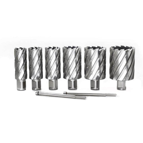 6-piece annular cutter set, 3/4 in dia, Weldon shank, 2 in depth, HSS slugger bits with two pilot pins