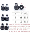 Eight precision collets for M3 to M12 threading; durable aluminum for the pneumatic tapping machine; features ISO and JIS standards.