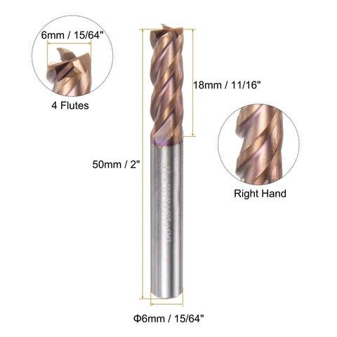 HARFINGTON 6 mm carbide square end mill, 4-flute, TiSiN coated, 50 mm long, 6 mm shank