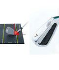 Golf Club Lie Angle Fitting Board And Swing Analyzer Tool with iron; portable 40 cm by 20 cm black measuring board for accuracy.