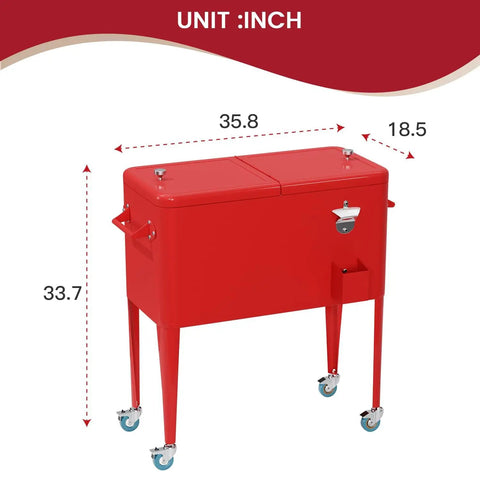 Red 80 Quart Rolling Ice Chest With Wheels For Backyard BBQs And Parties, Patio Cooler With Bottle Opener and Cap Catcher