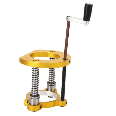 Heavy Duty Aluminum Router Table Lift System With Precision Handle Hassle Free Height Tuning For Woodworking Crews Fits 64 To 66 Millimeter Motors, shown from side angle.