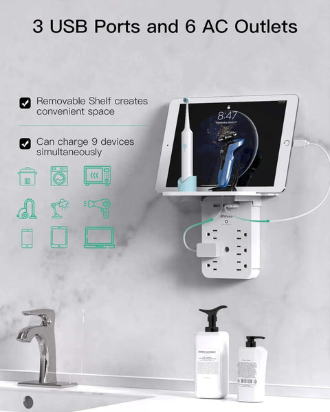Wall Outlet Extender With Surge Protector Six AC Outlets USB C And USB A Ports Space Saving Shelf For Home And Dorm