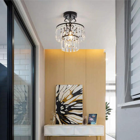 Crystal Raindrop Mini Chandelier Semi Flush Mount Ceiling Light For Hallways Bars Kitchens Dining Rooms And Living Rooms, E26 Bulb Compatible, Not Real Crystal Look, Small Yet Sparkling Ceiling Lamp installed in hallway