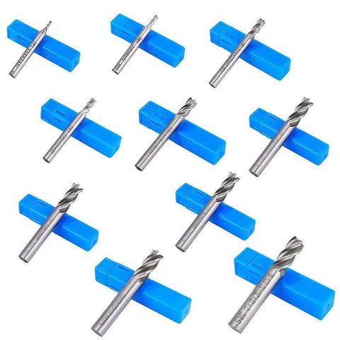 Ten AFUNTA 4-flute HSS end mills with straight shanks in a blue storage case, sizes 0.08–0.47 in