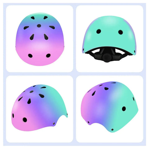 Color Gradient Adjustable Kids Bike Helmet With Knee And Elbow Pads Set For Multi Sport Safety Gear Fits Boys And Girls Aged Five To Fourteen Great For Skateboarding Scooters Roller And Inline Skating Longboarding, various angles showing vents and design.