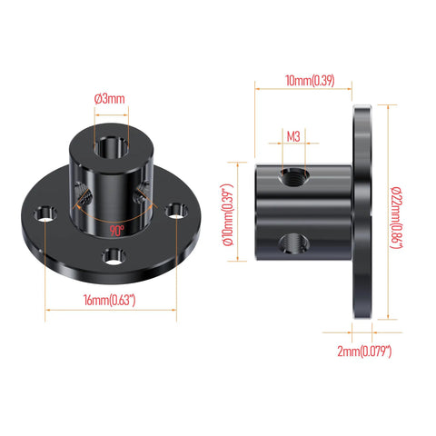 Two Pack Rigid Flange Shaft Coupling 3mm Bore 10mm Outer Diameter 70mm Long Black Metal Connector For CNC Machining And DIY Projects Chromium Plated Iron C45 Steel Built For Strength And Precision, 90° flange view