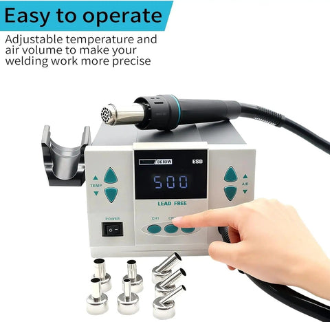 User controlling 110V High Power 1000W Hot Air Rework Station With Auto Sleep, LCD display, seven nozzles, and triple channel presets.