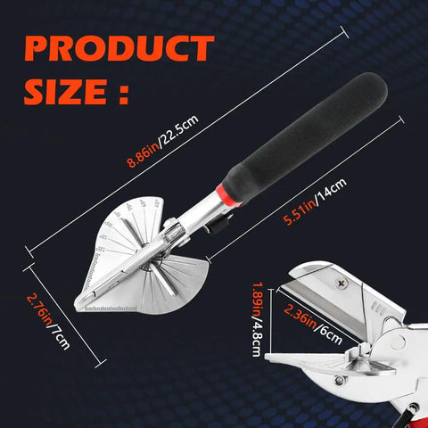 Kickass Heavy Duty Miter Shears Multi Angle Cutter with measurements including 8.86in length and 5.51in height for precise cuts.
