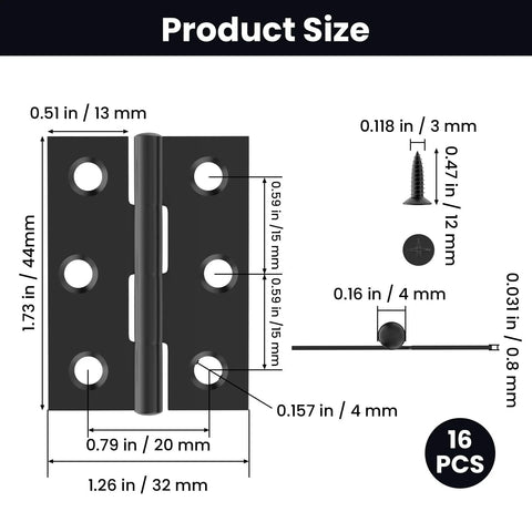 ZIUZI 16-piece black stainless steel door hinge set, front view; 2-inch hinges with mounting holes.