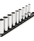 Three Eighth Inch Drive Deep Six Point Socket Set 34 Piece With One Quarter To One Inch And Six To Twenty Four Millimeter Sockets Rails