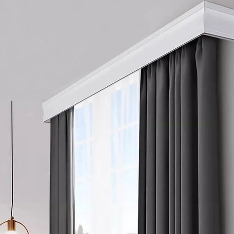 High Quality Two Layer Sliding Barn Door Track With Curtain Valance Wall Or Ceiling Mount Heavy Duty Double Roller System No Fuss Install For Home Makeover Silky Smooth Glide, featuring gray curtains and sleek design.
