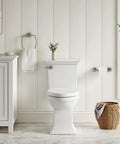 Traditional Luxury Elongated Toilet Seat With No Slam Soft Close, Antimicrobial EverClean Surface, white finish, bathroom view
