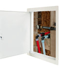 Top Shelf 18 Gauge Steel Drywall Access Door Panel With A No Fuss Cam Latch And Rock Solid Keyed Cylinder Lock 22X30 Inches, open view showing plumbing access.