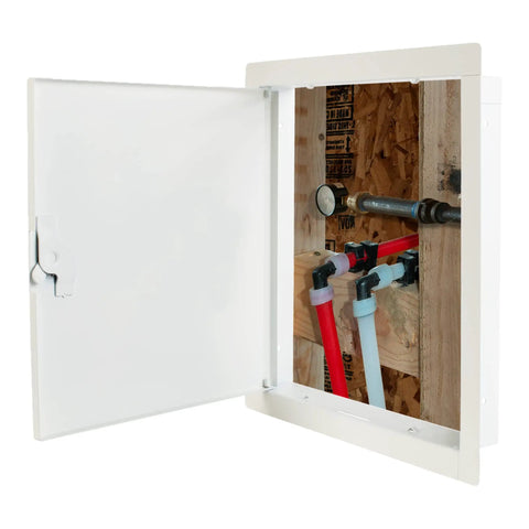 Top Shelf 18 Gauge Steel Drywall Access Door Panel With A No Fuss Cam Latch And Rock Solid Keyed Cylinder Lock 22X30 Inches, open view showing plumbing access.