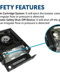 Dual Fuel Gas Camping Stove For Butane Or Propane, Portable Single Burner showing safety features and regulator hose detail