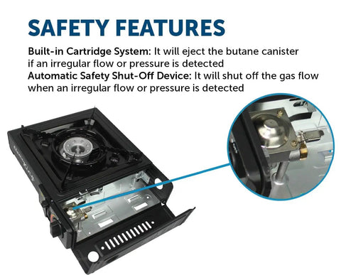 Dual Fuel Gas Camping Stove For Butane Or Propane, Portable Single Burner showing safety features and regulator hose detail