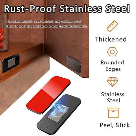 No Drill Magnetic Cabinet Door Catch with ultra strong adhesive mount shown on wooden cabinet door and frame.