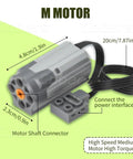 M Motor component from 9-In-1 Power Function Technic Motor Kit with dimensions and connections highlighted