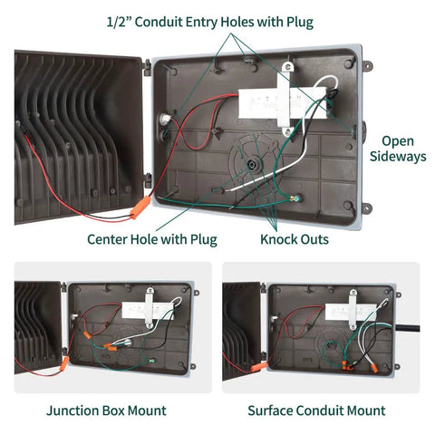 LED Wall Pack with Dusk to Dawn Photocell, 60W 7,800 Lumens, showing conduit entry holes and wiring setup options.
