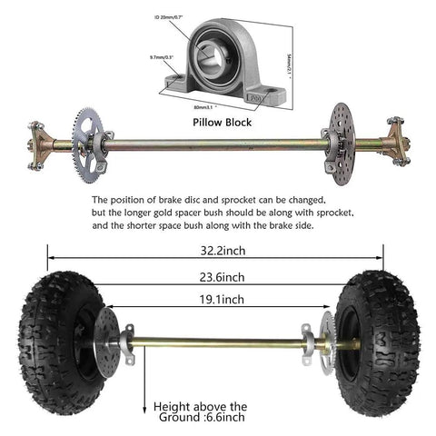 Rear Axle Assembly Kit For Ready To Roll Go Karts 740mm With 29 Inch Wheels Hub Rim Tire Brake Disc Caliper Master Cylinder T8F Chain Sprocket DIY Quad Trike Drift Bike, showing axle and wheels measurements.