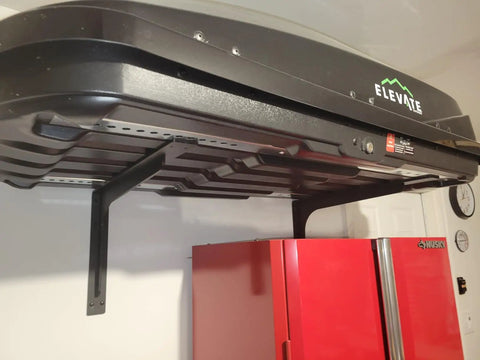Beefy Heavy Duty 24 By 14 Inch L Shaped Shelf Brackets 300 Lb Load Capacity Metal Corner Mount Supports installed in garage
