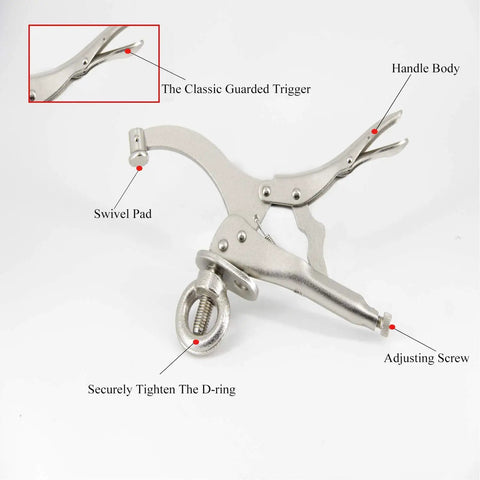 Heavy Duty 9 Inch Drill Press Locking Clamp for Precise Workholding showing swivel pad, adjusting screw, and secure D-ring