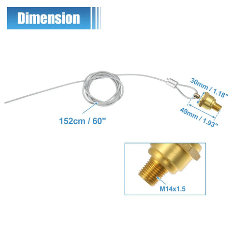 2 Pair Manual Air Tank Drain Valve Plug 1/4 NPT With 60 Inch Cable showing dimensions and brass fitting details.