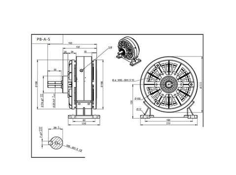 Technical diagram of Base-Mounted Single Shaft Magnetic Powder Brake PB-5 With 50 Nm Torque For Industrial Tension Control.
