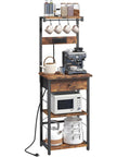 Rustic Brown And Black Bakers Rack With Drawer Microwave Stand Power Outlet And USB Ports Coffee Bar Station With 4 Hooks And 4 Tier Kitchen Storage Shelf For Kitchen Dining Room showing coffee maker, mugs, and cookware.