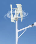 100W Vertical Axis Wind Turbine Kit For Home Power With Controller And 4 Blade Permanent Magnet Generator Built For Hybrid Solar Wind Systems That Delivers Plug And Play Power Quiet Durable Performance White 12V Wind Turbine installed on pole under blue sky