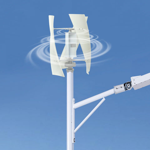 100W Vertical Axis Wind Turbine Kit For Home Power With Controller And 4 Blade Permanent Magnet Generator Built For Hybrid Solar Wind Systems That Delivers Plug And Play Power Quiet Durable Performance White 12V Wind Turbine installed on pole under blue sky