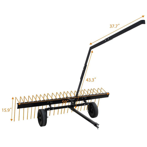 60 Inch Tow Behind Lawn Dethatcher With 24 Spring Steel Tines, Heavy Duty Pine Needle And Pine Straw Rake For ATV UTV And Garden Tractors, Easy All In One Yard Cleanup Orange, side view