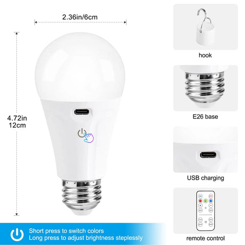 Rechargeable A19 Light Bulbs With Remote Control And USB Charging, Dimmable Battery Powered Bulbs product dimensions and features
