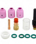 Heavy Duty Tig Torch Consumables Kit With Copper Collet Body And Clear Cup For Clean Welds. Includes ceramic nozzles and accessories.