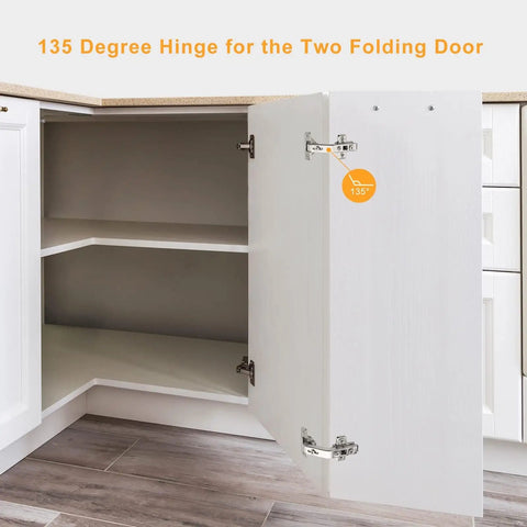 Concealed 135 Degree Lazy Susan Corner Cabinet Hinge Set, 2-Pack With Full Overlay on open white cabinet door