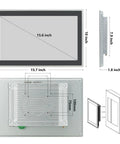 Rugged 15.6 Inch Android 11 Industrial Embedded Interactive Touchscreen Monitor dimensions and details illustration.