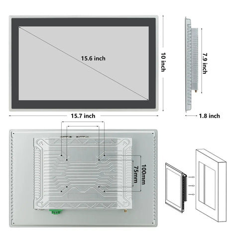 Rugged 15.6 Inch Android 11 Industrial Embedded Interactive Touchscreen Monitor dimensions and details illustration.