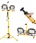 Beefy 180W 20000 Lumen Dual Head LED Work Light with Metal Telescopic Tripod Stand and 10 Foot Power Cord shown folded and extended