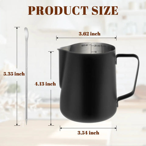 20Oz Stainless Steel Milk Frothing Pitcher With Clear Measurement Scale For Cappuccino And Latte Art, Pro Grade Barista Tool For Home Espresso Machines, Durable Rust Resistant 304 Grade shown with dimensions.