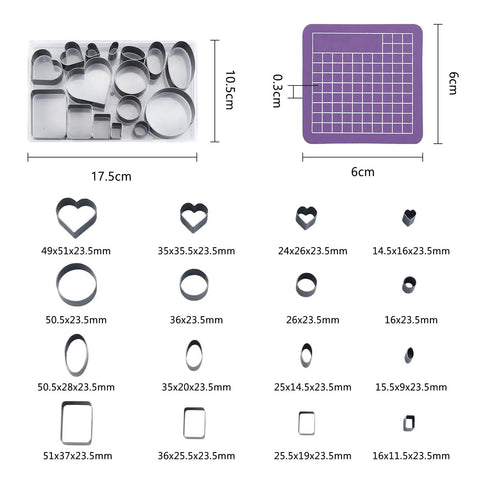 DIY Leather Die Cutting Kit 16Pcs Punch Cutter Set With Hearts Rectangles Rounds For Jewelry Making, shown with PVC Cutting Mat.