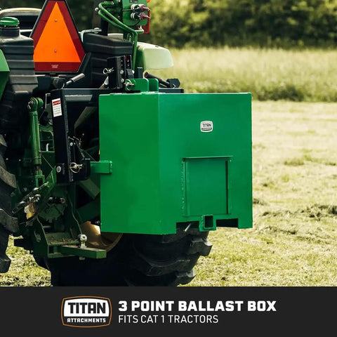 3 Point Green Ballast Box For Cat 1 Tractors 800 Lb Capacity mounted on tractor, includes 39.5 Gal Tank and 2 Inch Hitch Receiver