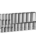 Quarter Inch Drive 12 Point Socket Set Deep And Shallow SAE Three Sixteenths To Nine Sixteenths Inch 20 Piece Pro Grade Chrome Vanadium