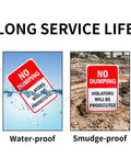 Heavy Duty No Dumping Warning Sign Pair 10 By 7 Inch Rust Free Aluminum Weather Resistant UV Coated Outdoor Property Keeper shown in water and mud.