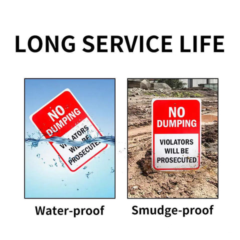 Heavy Duty No Dumping Warning Sign Pair 10 By 7 Inch Rust Free Aluminum Weather Resistant UV Coated Outdoor Property Keeper shown in water and mud.