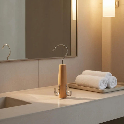 Heavy Duty Solid Wood Storage Hanger With Multiple Hooks on a bathroom counter with rolled towels.