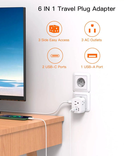 2 Pack European Travel Plug Adapter With 3 Outlets And 3 USB Ports, 2 USB-C, in use on a wall socket with devices charging