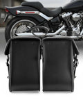 Universal Black Synthetic Leather Throw Over Motorcycle Saddlebags with Quick Release Buckles Waterproof Durable Panniers for Cruiser Touring Sport Chopper and Adventure Bikes in front view.