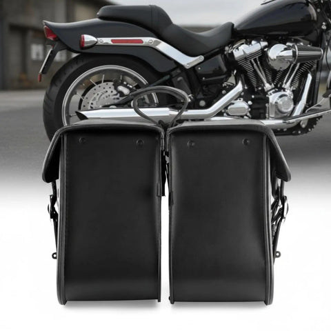 Universal Black Synthetic Leather Throw Over Motorcycle Saddlebags with Quick Release Buckles Waterproof Durable Panniers for Cruiser Touring Sport Chopper and Adventure Bikes in front view.