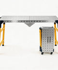 Heavy Duty Adjustable Work Platform And Folding Welding Table Supporting 1200 Lbs Across Five Precise Height Levels, silver top and yellow legs.